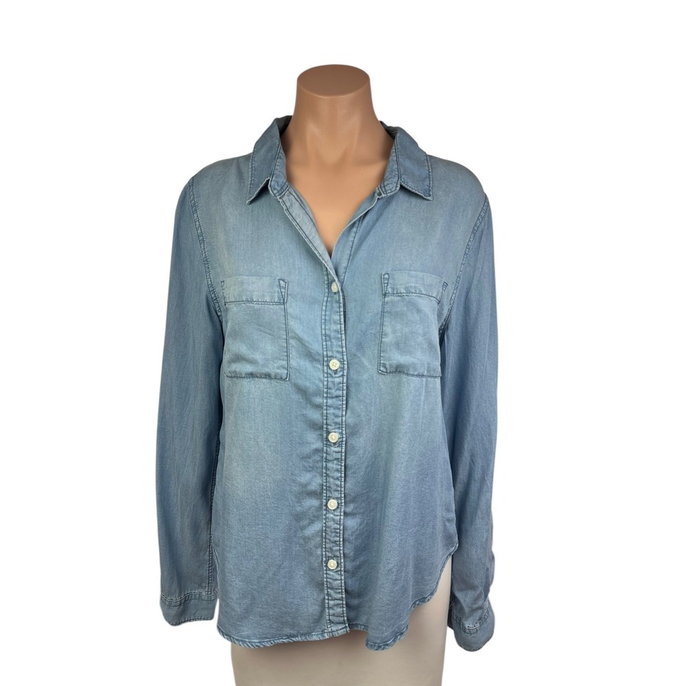 Thread Supply Size L Blue Blouse Button Front Collared 100% Tencel Long Sleeve